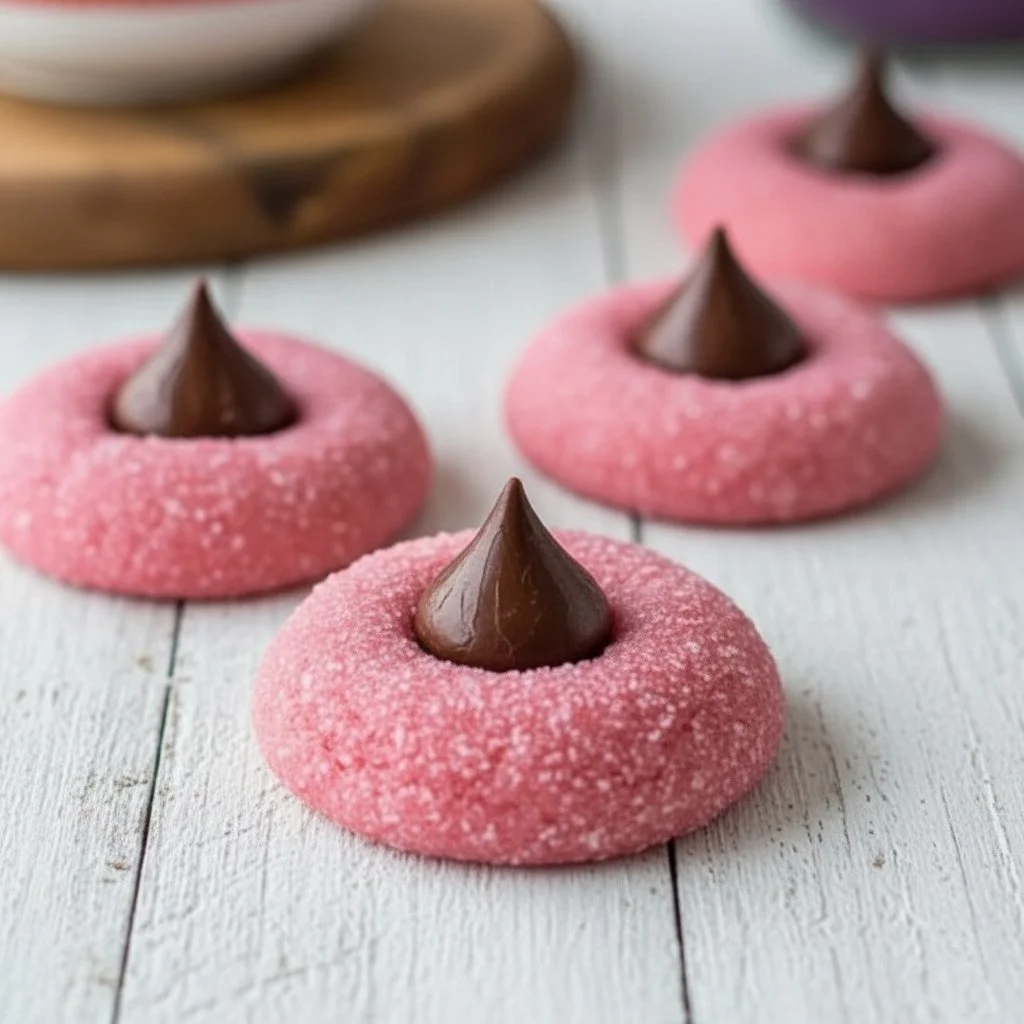 Strawberry Kiss Cookies 3 Plate of freshly baked Strawberry Kiss Cookies with strawberry topping