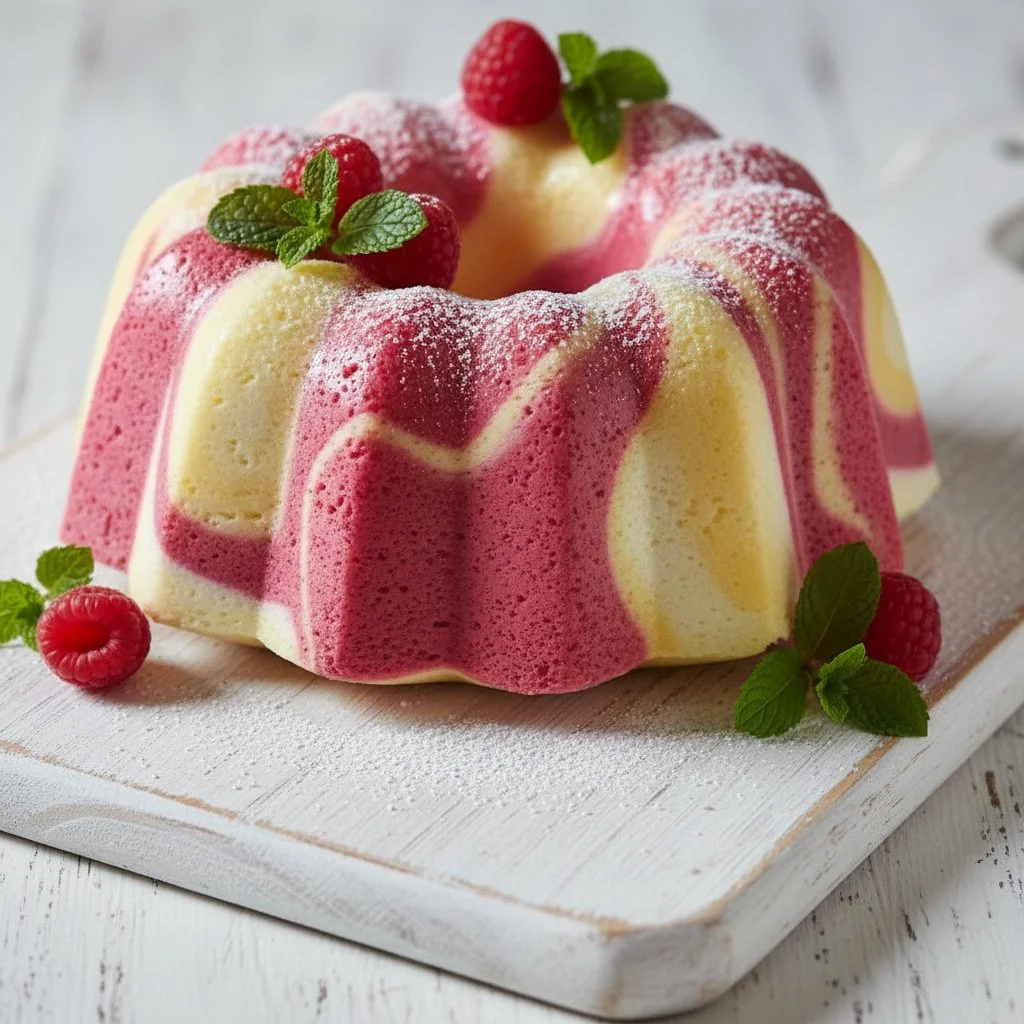 Slice of strawberry milkshake pound cake on a plate with fresh strawberries