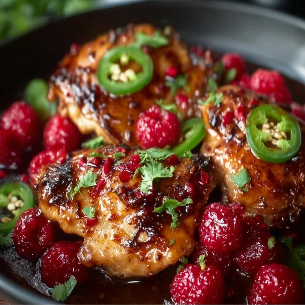 Sweet and Spicy Jalapeno Raspberry Chicken on a plate ready to serve