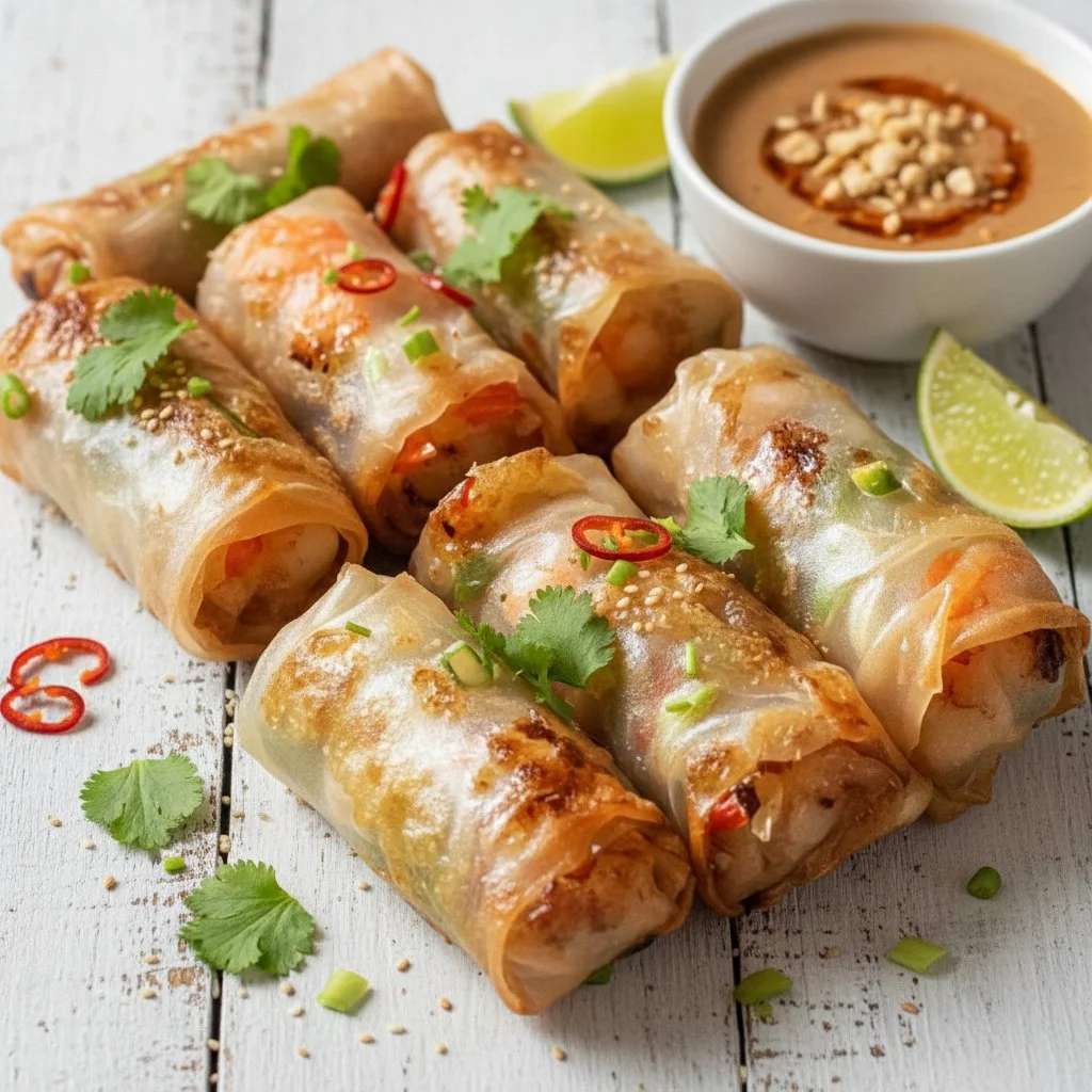 Taste Air Fryer Rice Paper Noodle Rolls 3 Air fryer rice paper noodle rolls served on a plate with dipping sauce