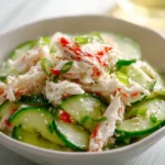 Delicious cucumber salad with crab meat in a bowl