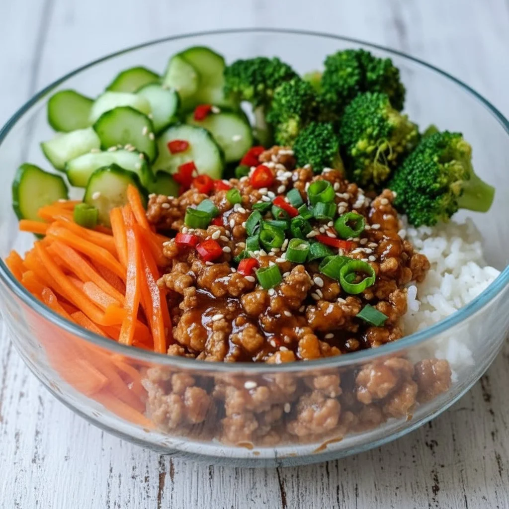Delicious Teriyaki Ground Turkey Bowl topped with colorful vegetables and sesame seeds.