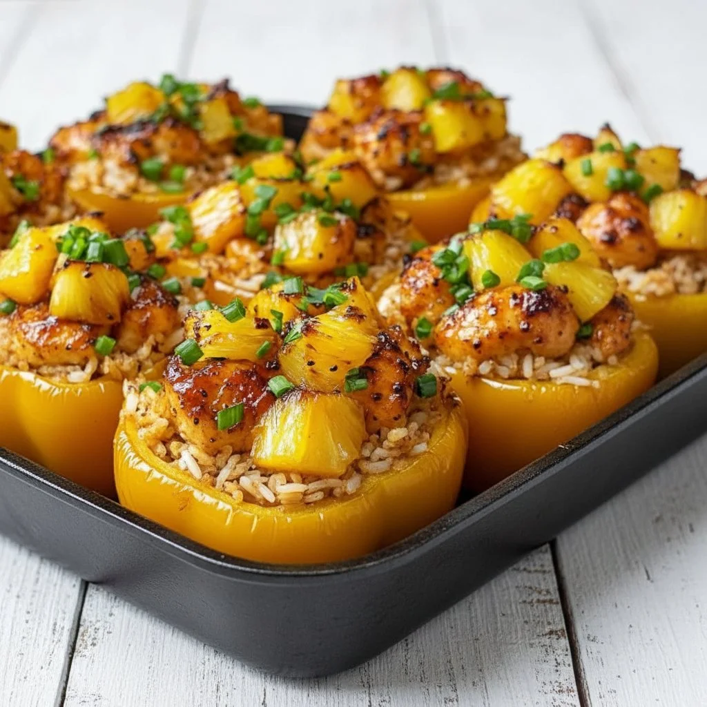 Teriyaki Pineapple Chicken and Rice Stuffed Peppers: A Sweet and Savory Meal 3 Teriyaki Chicken Pineapple Stuffed Peppers served with rice on a plate.