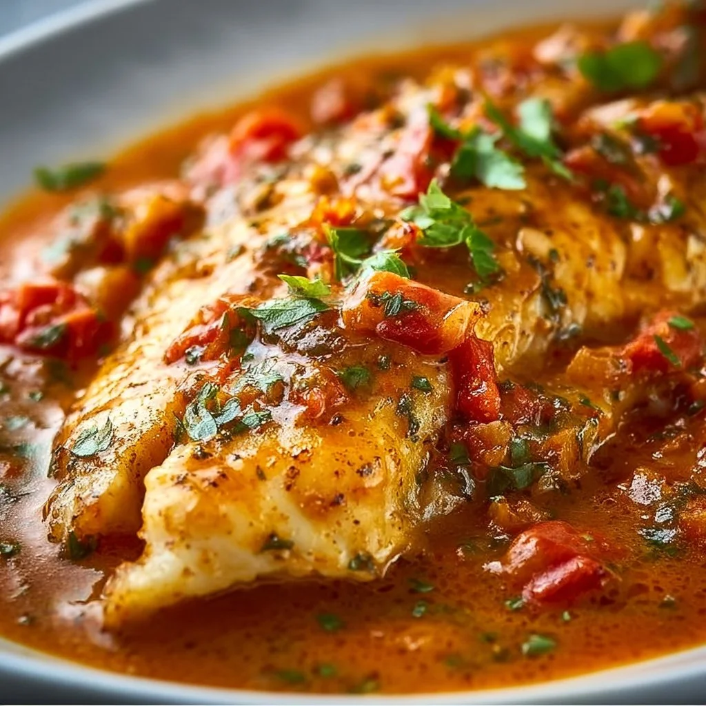 Tilapia in Roasted Pepper Sauce 3 Tilapia fillets served in roasted pepper sauce, garnished with herbs.