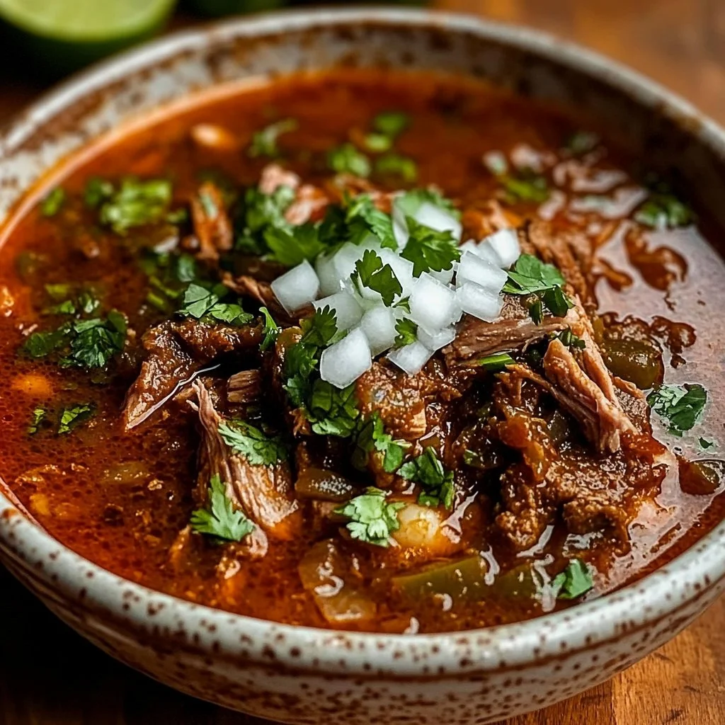Traditional Mexican Birria 3 Delicious traditional Mexican Birria served in a bowl with fresh garnishes