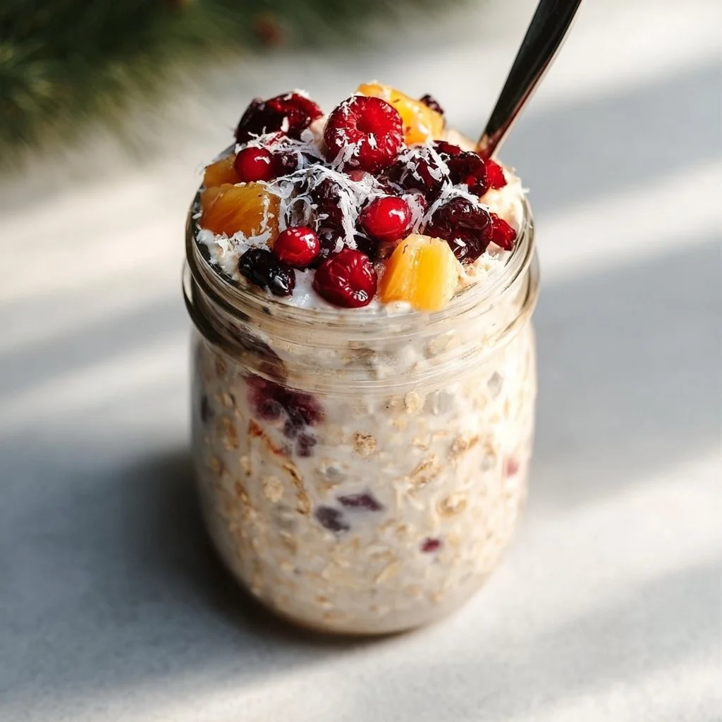 Bowl of Tropical Overnight Oats with fresh fruit and coconut