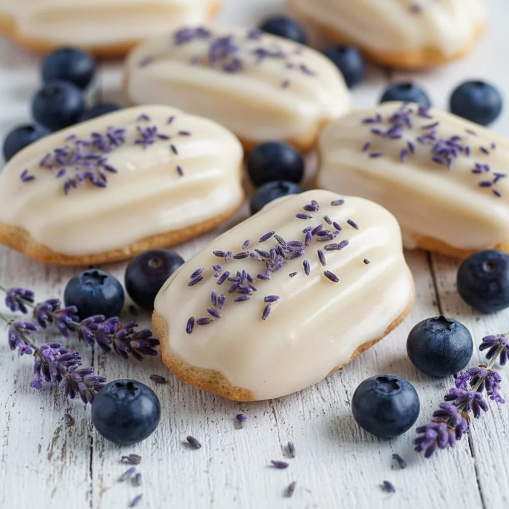 Vegan Blueberry Lavender Madeleines on a platter, showcasing their vibrant colors