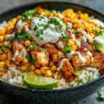 30-minute street corn chicken rice bowl served in a bowl with fresh toppings