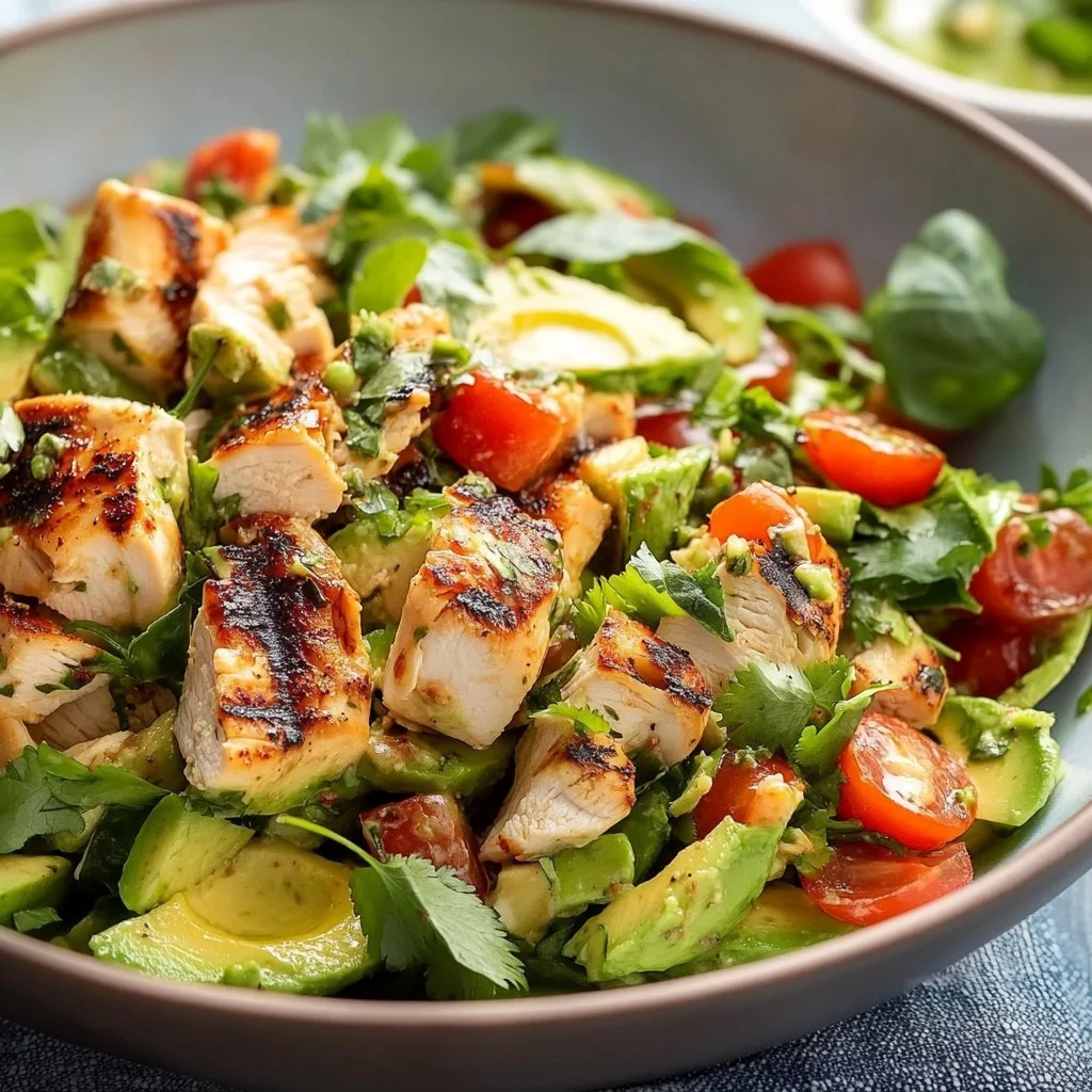 Avocado Chicken Salad 3 Fresh avocado chicken salad with vibrant vegetables and creamy dressing