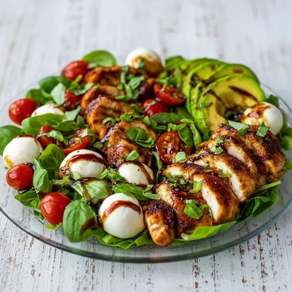 Baked marinated chicken salad with mozzarella and balsamic vinaigrette served in a bowl