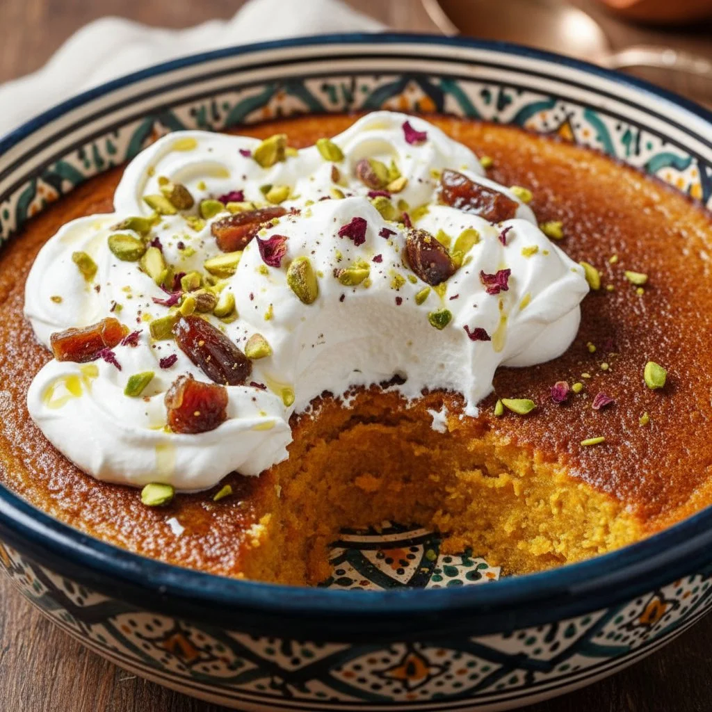 Delicious baked pumpkin pudding in a decorative dish topped with whipped cream