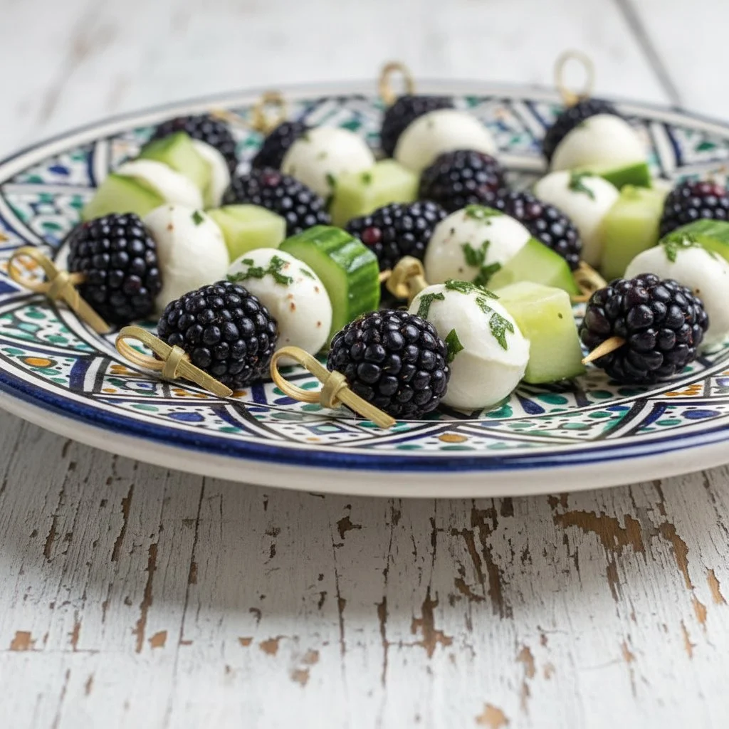 Blackberry-Cucumber Caprese Bites 3 Blackberry and cucumber Caprese bites arranged on a serving platter