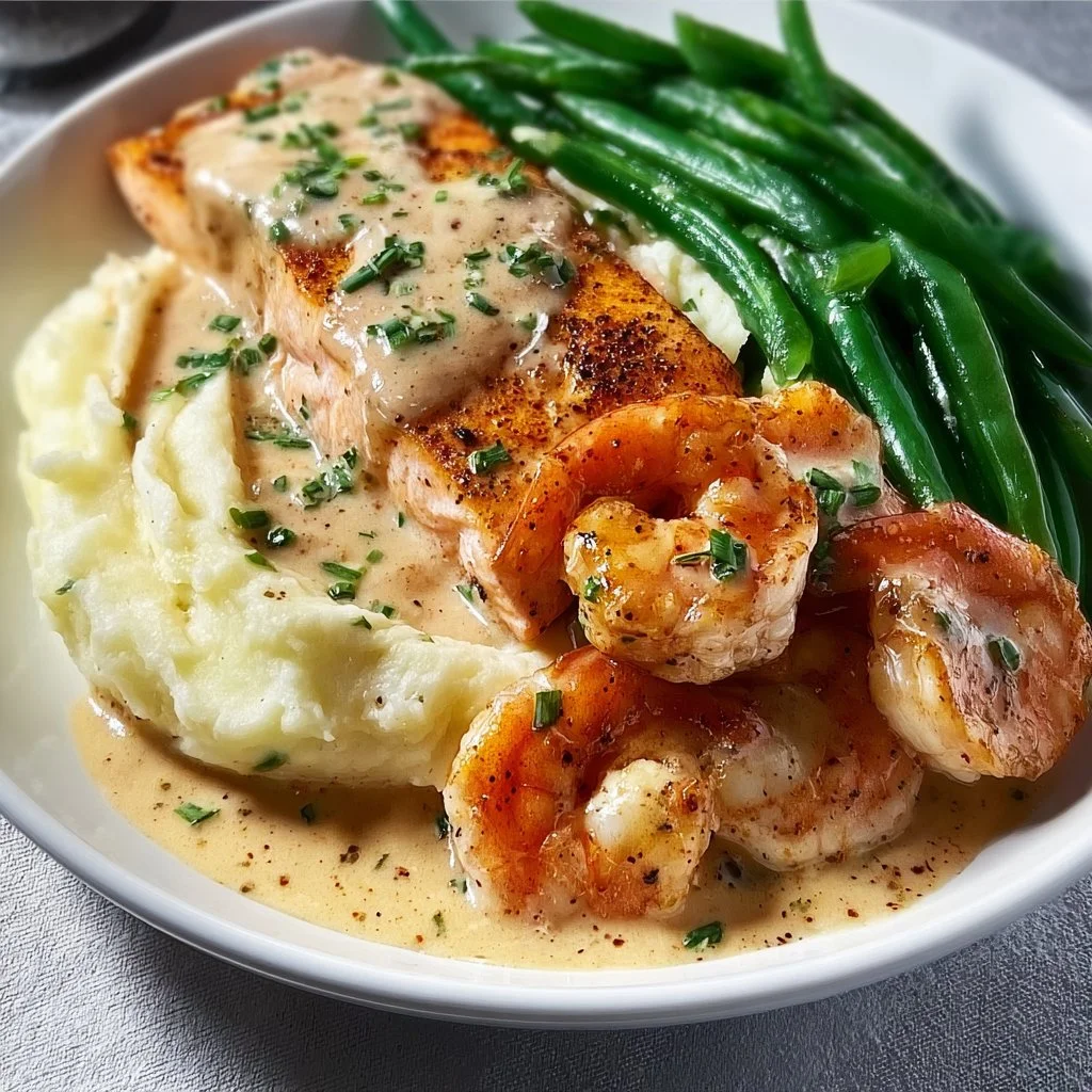 Cajun shrimp and salmon with garlic cream sauce, mashed potatoes, and green beans.