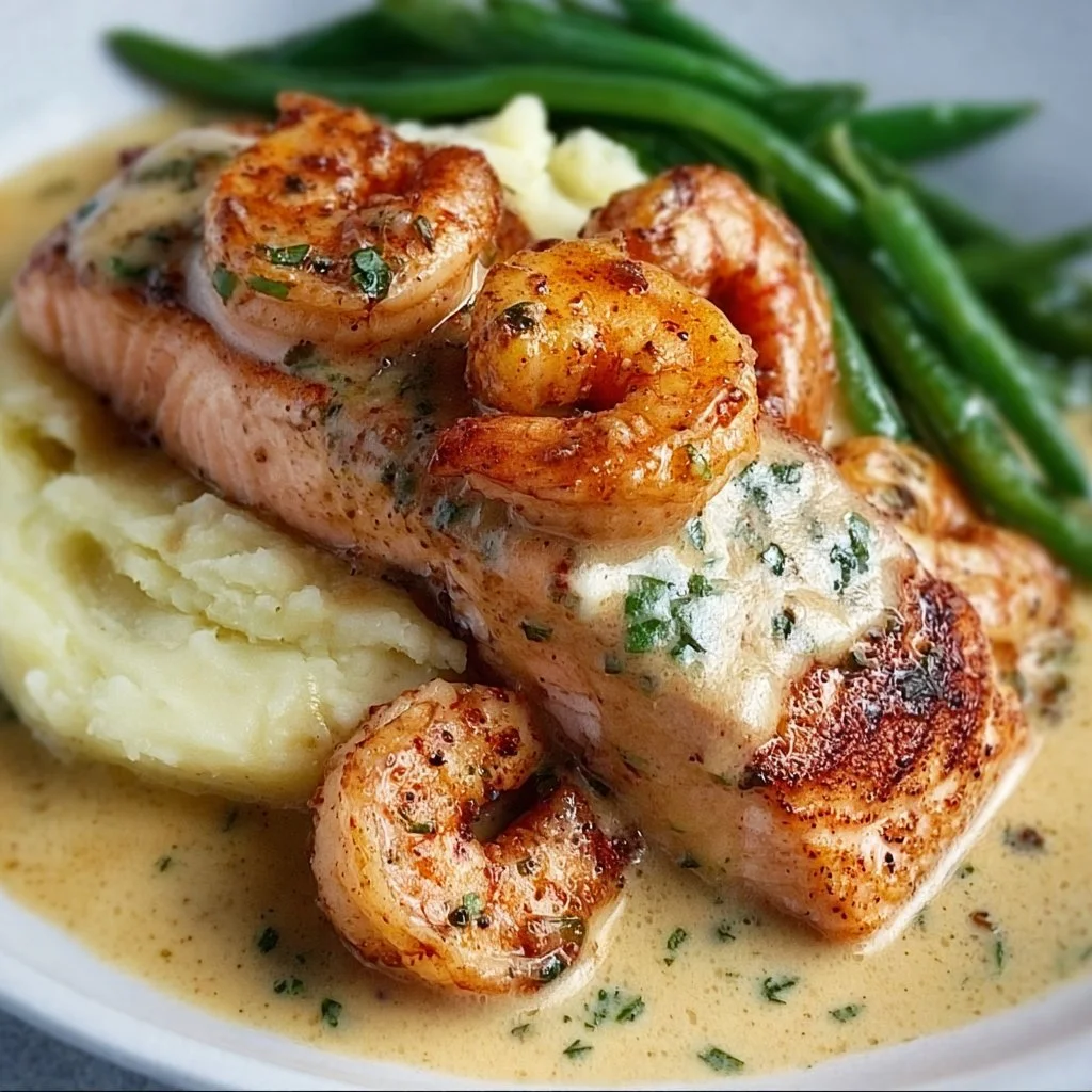 Cajun Shrimp and Salmon with Garlic Cream Sauce, Mashed Potatoes, and Green Beans: A Flavor-Packed Dinner to Impress