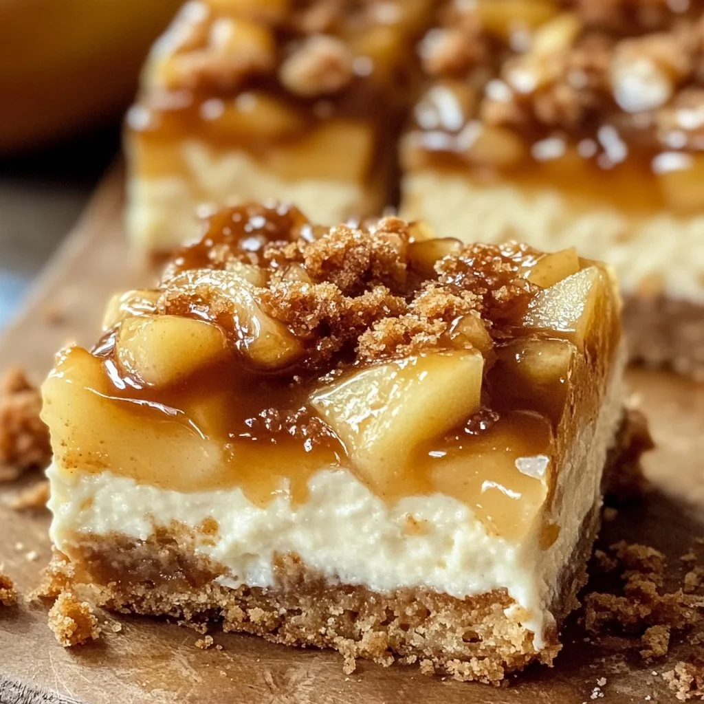 Caramel Apple Cheesecake Bars 3 Delicious Caramel Apple Cheesecake Bars topped with caramel drizzle and fresh apple slices.