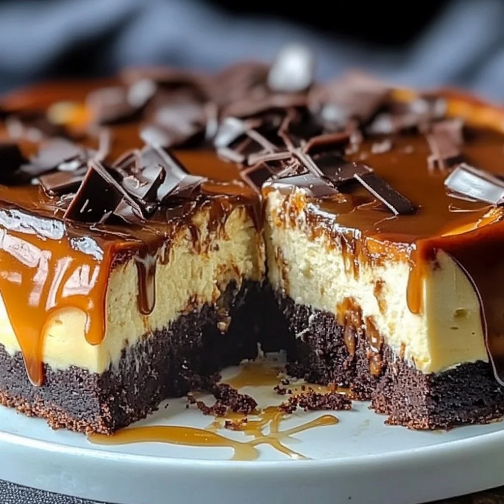 Delicious caramel brownie cheesecake topped with caramel drizzle