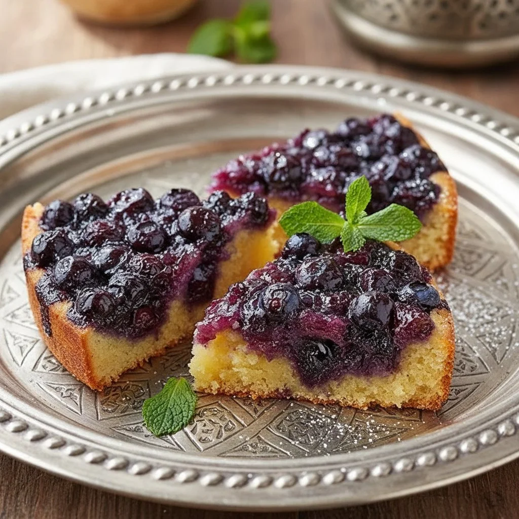Caramelized Blueberry Upside Down Cake 3 Caramelized blueberry upside down cake topped with fresh blueberries and caramel glaze.