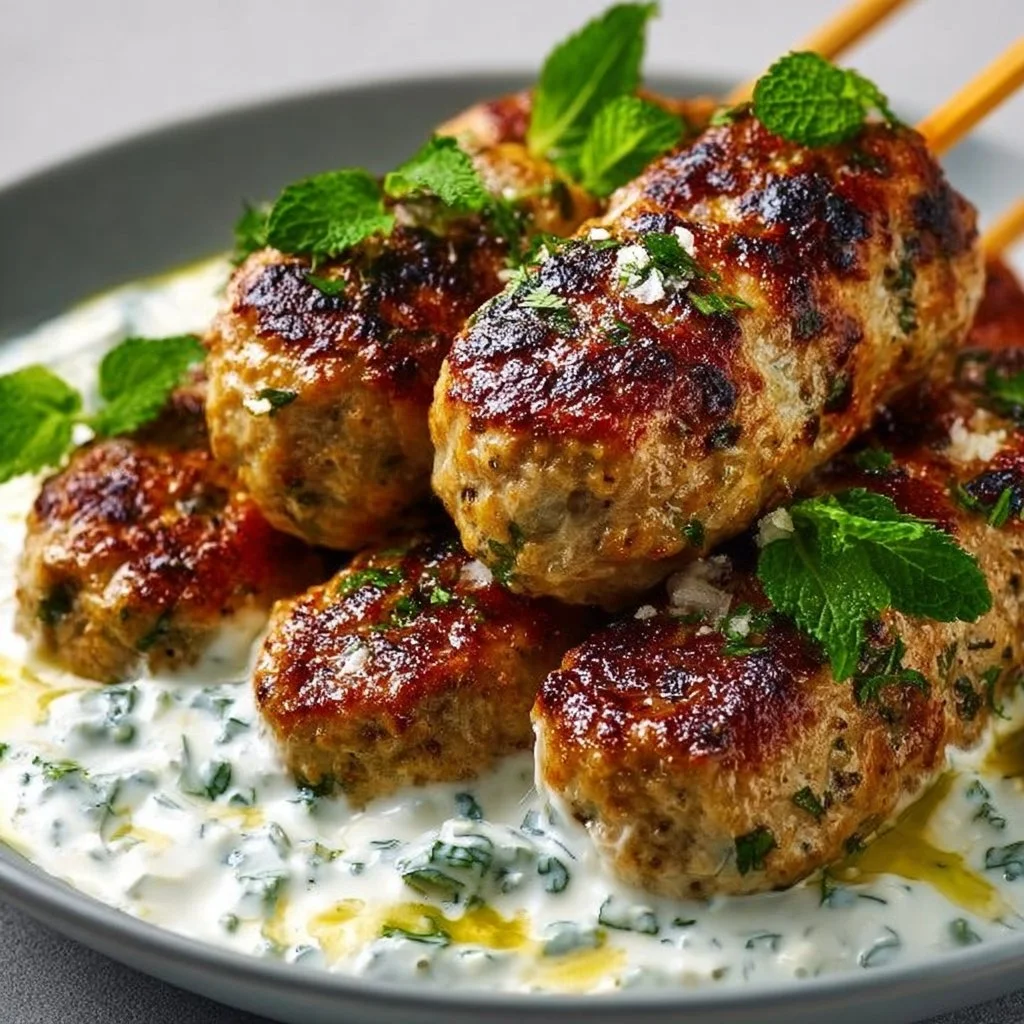 Chicken Kofta Garlic Yogurt Sauce 3 Chicken Kofta with garlic yogurt sauce on a plate.