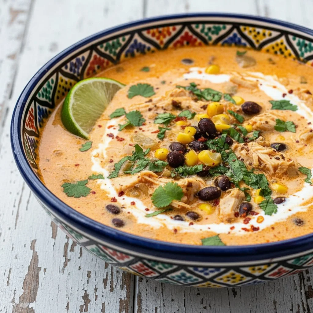 Bowl of delicious Chicken Poblano Soup garnished with fresh herbs