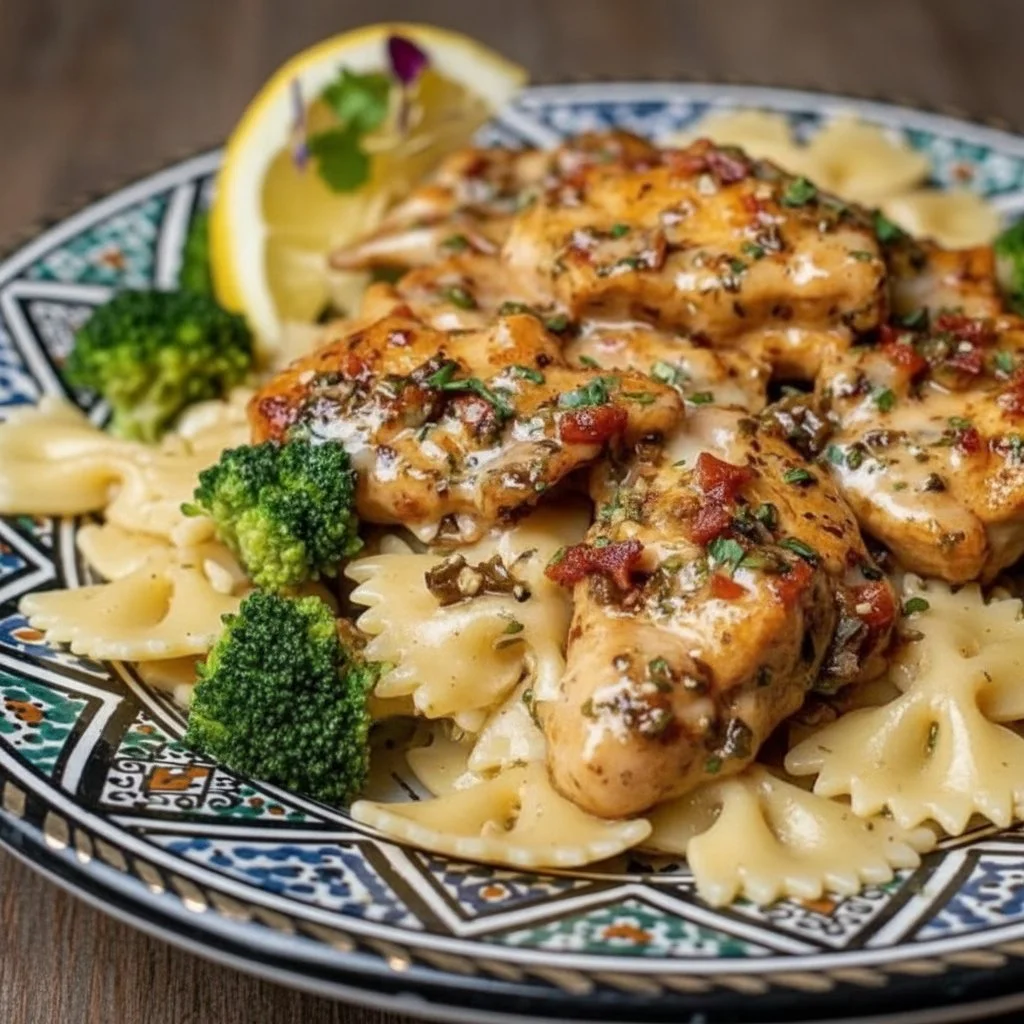 Cowboy Butter Lemon Bowtie Chicken served with fresh broccoli on a plate
