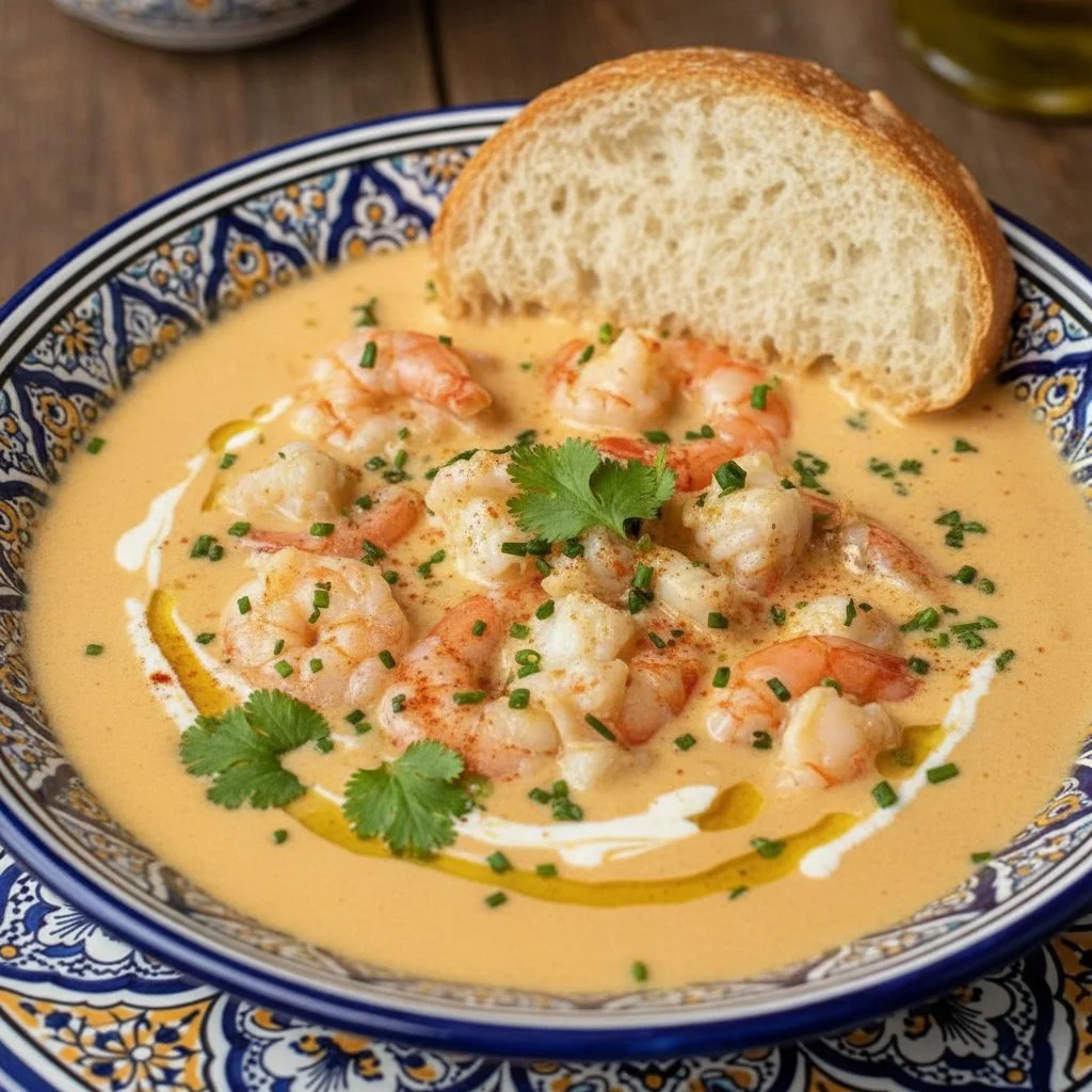 Crab and Shrimp Seafood Bisque 3 Delicious crab and shrimp seafood bisque served in a bowl with fresh herbs.