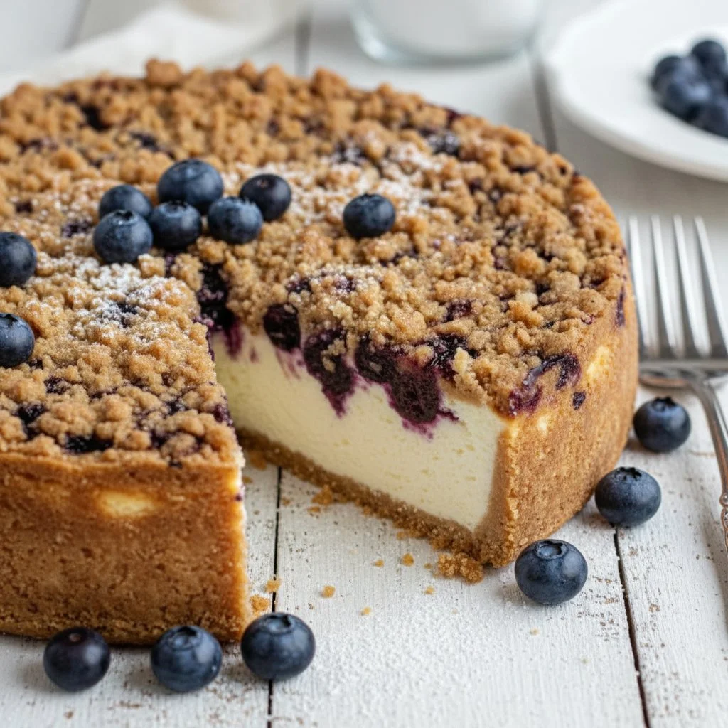 A slice of creamy blueberry cheesecake topped with fresh blueberries.