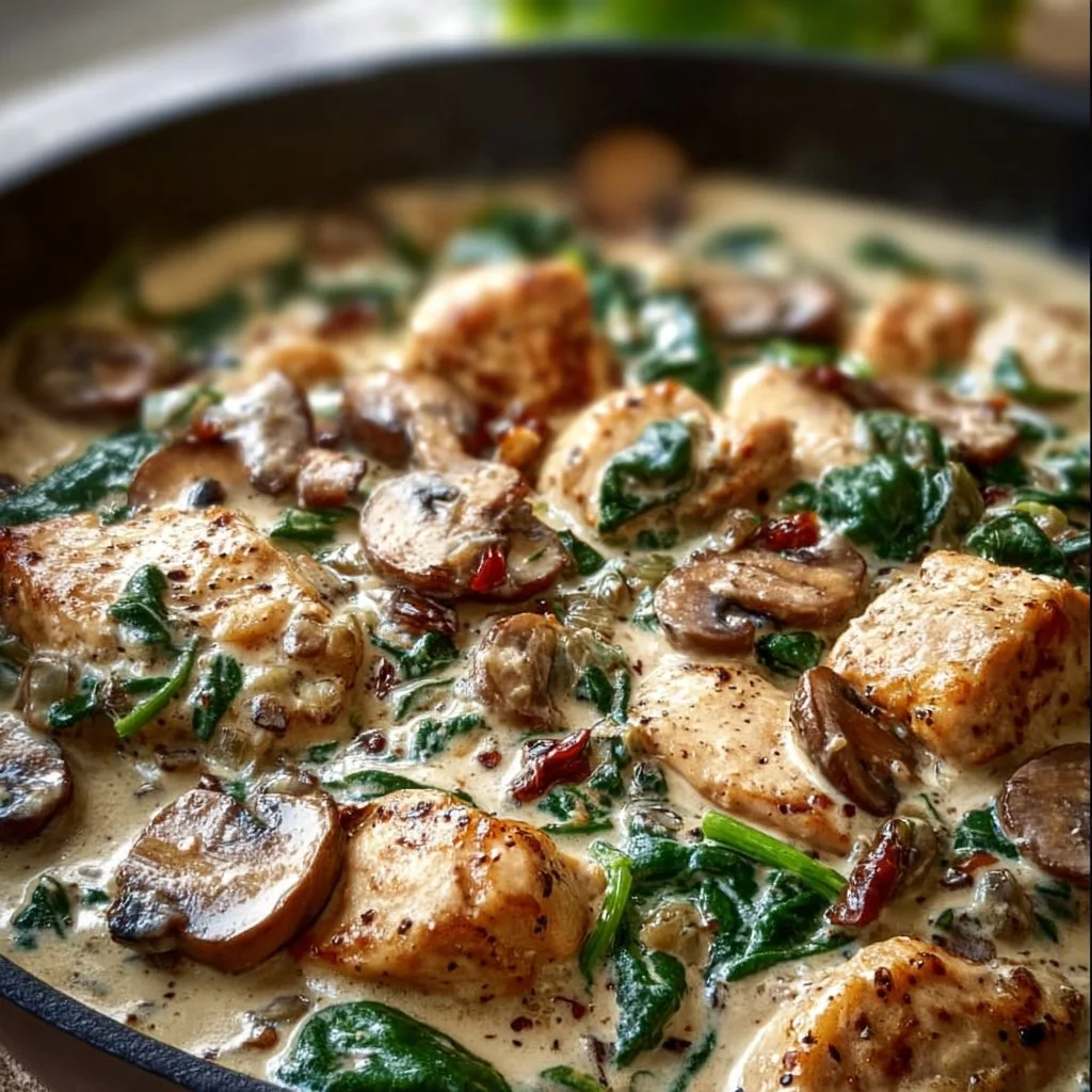 Creamy chicken mushroom spinach skillet dish served in a pan