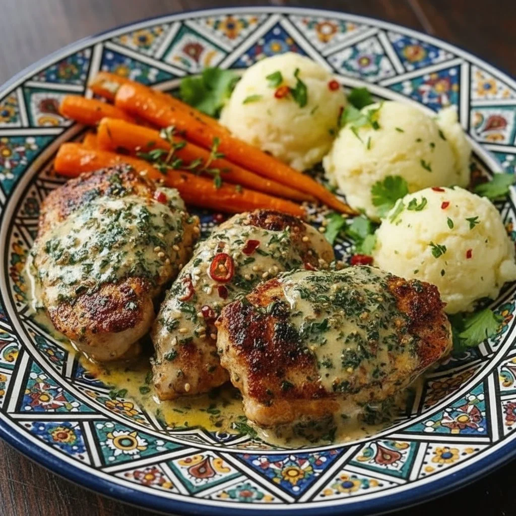 Delicious creamy herb chicken served with mashed potatoes and honey glazed carrots