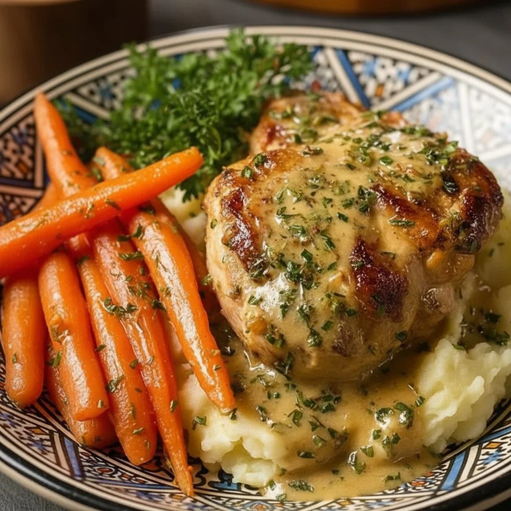 Creamy Herb Chicken with Mashed Potatoes and Honey Glazed Carrots