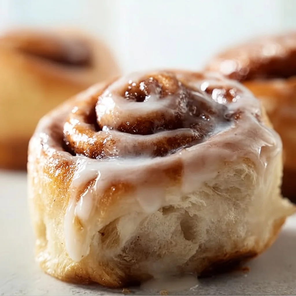 Freshly baked Amish Cinnamon Rolls topped with creamy icing