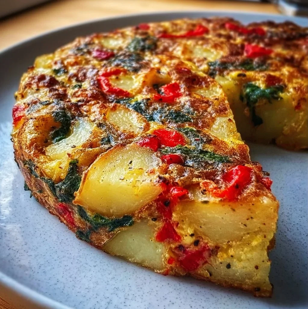 Easy Frittata with Potatoes, Red Peppers, and Spinach 3 Delicious easy frittata with potatoes, red peppers, and spinach on a plate