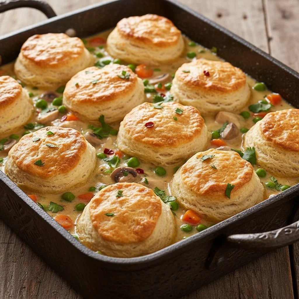 Delicious easy homemade chicken pot pie casserole topped with golden crust.