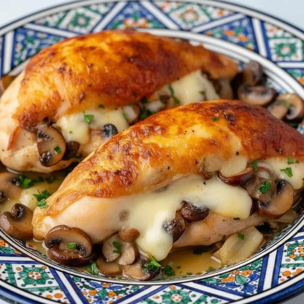 Mushroom stuffed chicken breast garnished with herbs