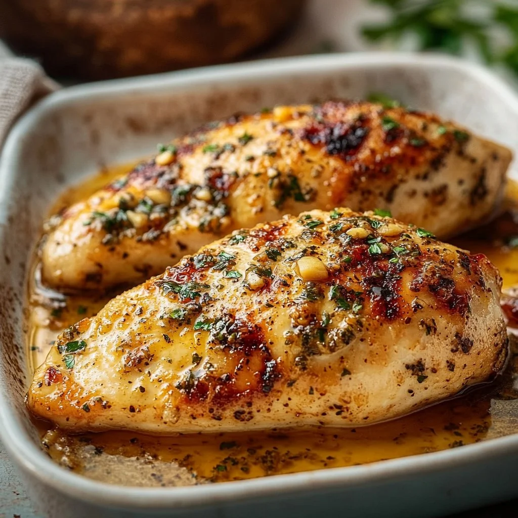 Garlic Butter Baked Chicken Breast 3 Juicy garlic butter baked chicken breast on a plate with herbs