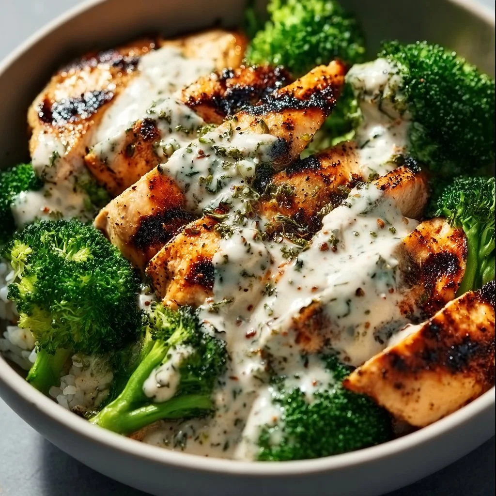Grilled Chicken & Broccoli Bowls with Creamy Garlic Sauce 3 Grilled chicken and broccoli bowls with creamy garlic sauce