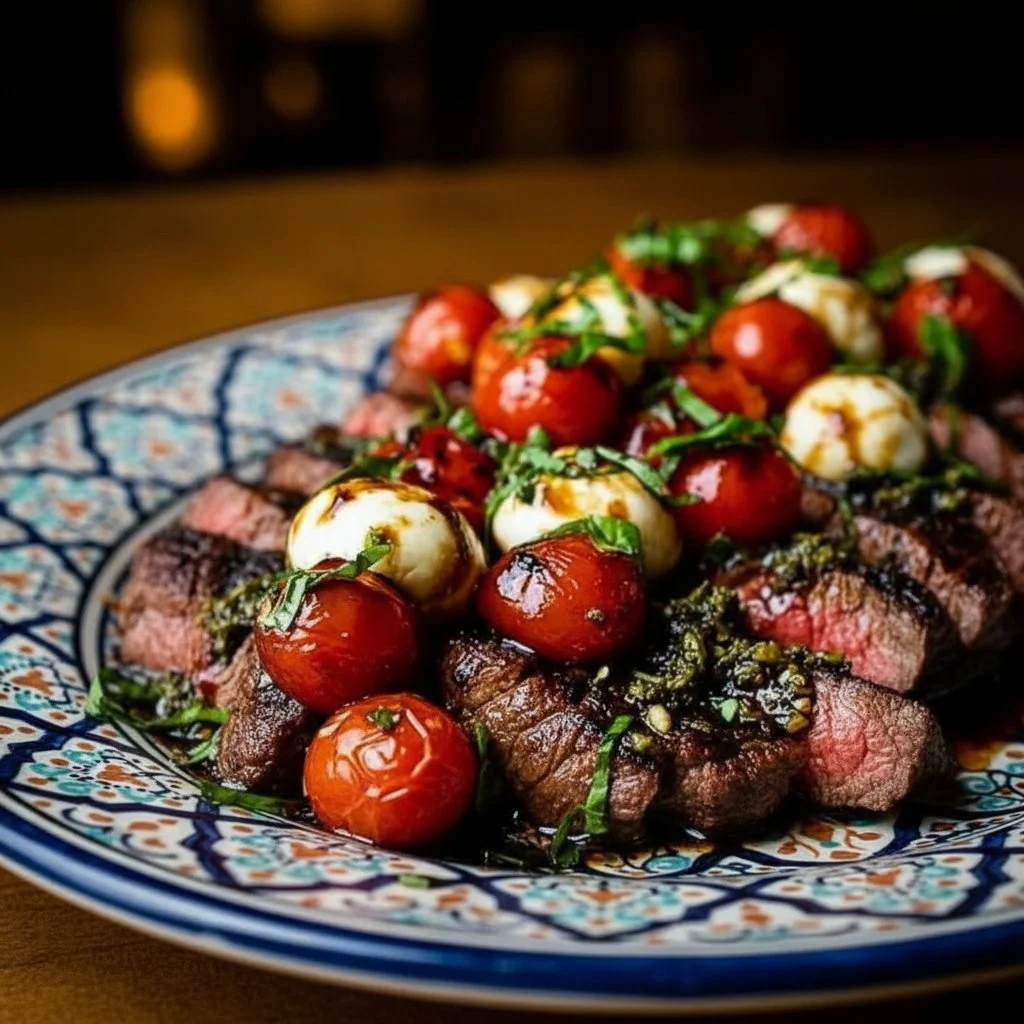 Grilled Flank Steak Caprese with Balsamic Dressing 3 Grilled flank steak caprese topped with fresh basil, tomatoes, and balsamic dressing.