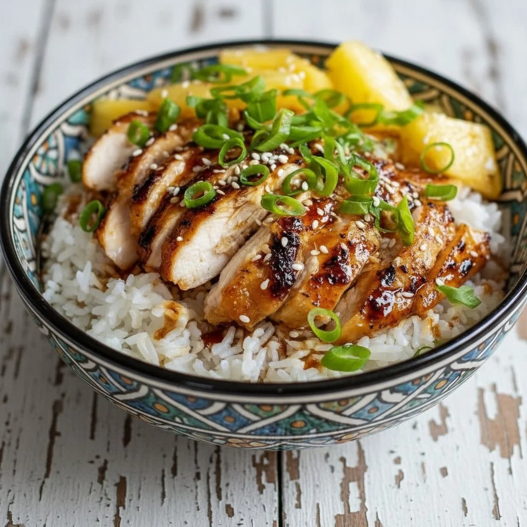 Hawaiian Chicken and Coconut Rice 3 Hawaiian Chicken served with Coconut Rice, showcasing tropical flavors and ingredients.