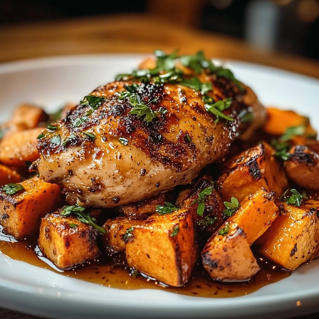 Honey Garlic Chicken with Sweet Potatoes 3 Honey Garlic Chicken served with roasted sweet potatoes on a plate