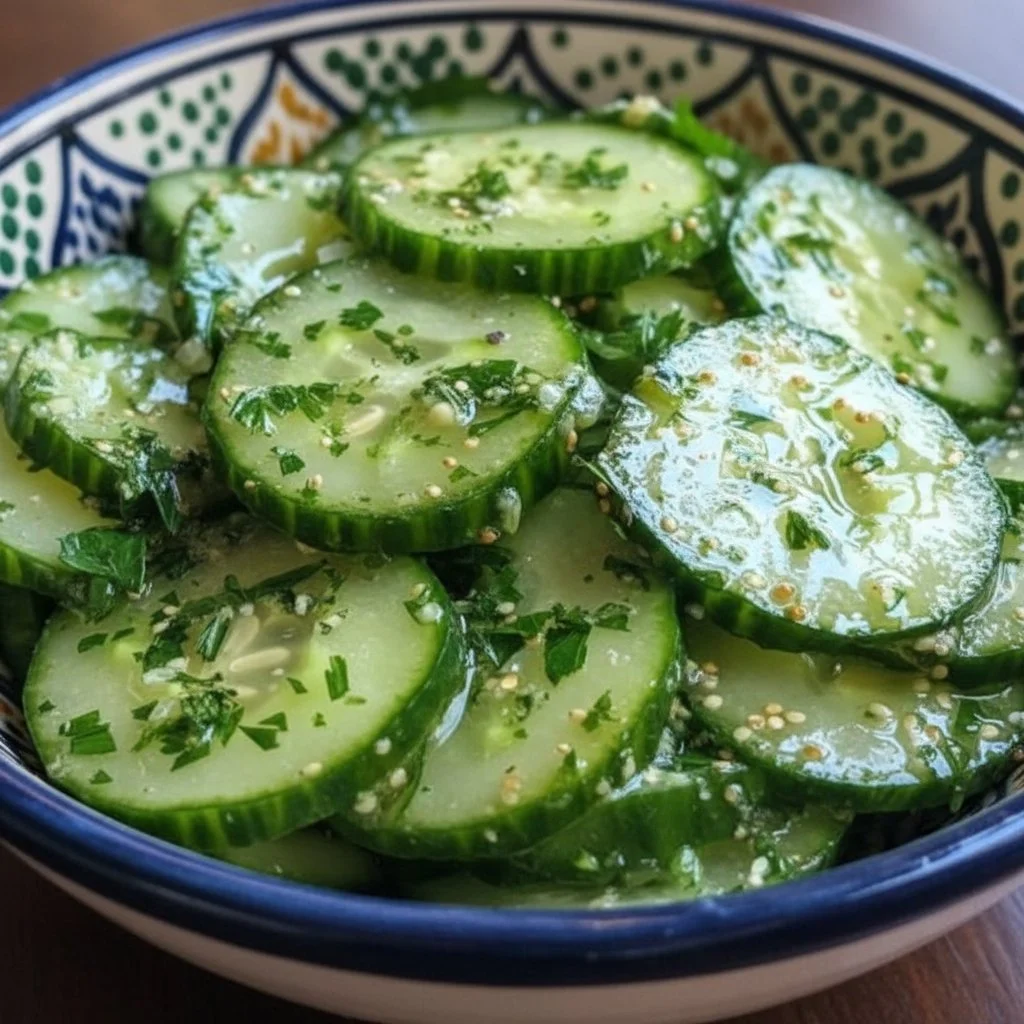 Honey-Lime Cucumber Salad 3 Honey-lime cucumber salad in a bowl garnished with fresh herbs