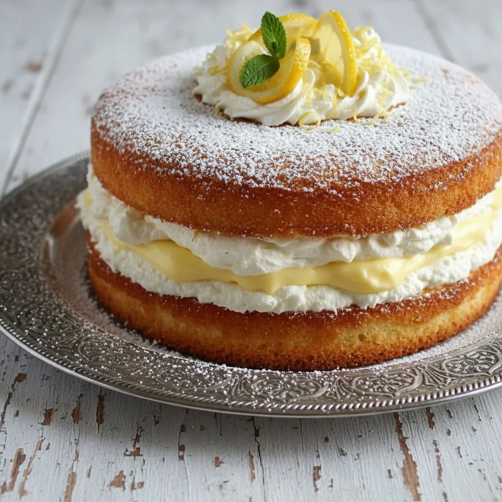 Italian Lemon Cream Cake topped with fresh lemons and cream frosting