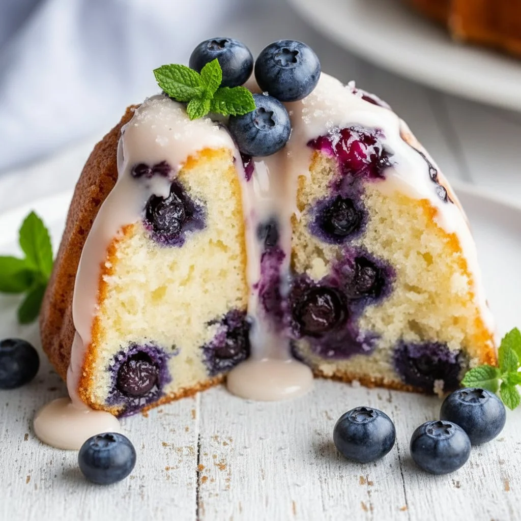 Lemon Blueberry Bundt Cake 3 Lemon Blueberry Bundt Cake with fresh blueberries and lemon slices on a plate