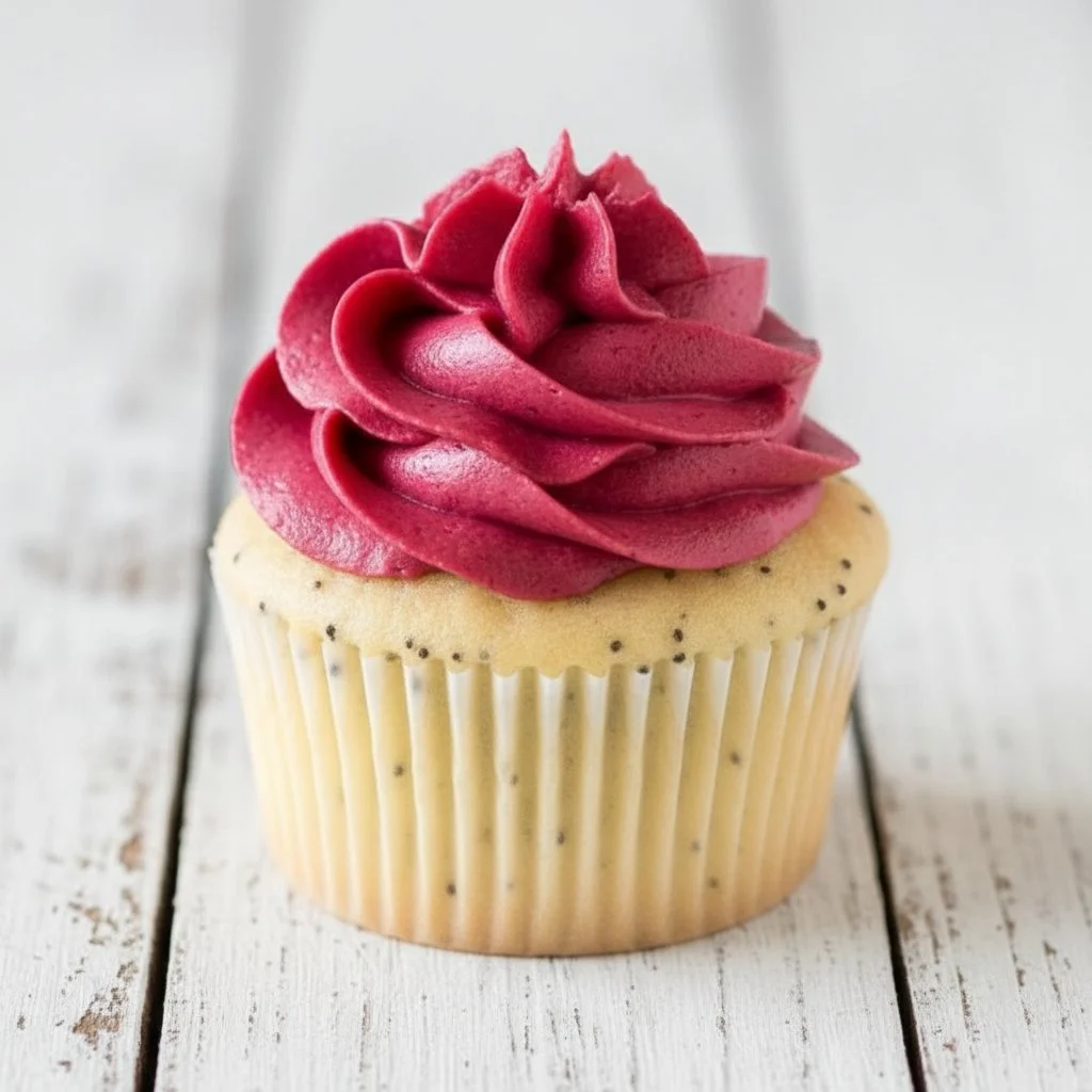 Delicious lemon poppy seed cupcakes with frosting and garnish