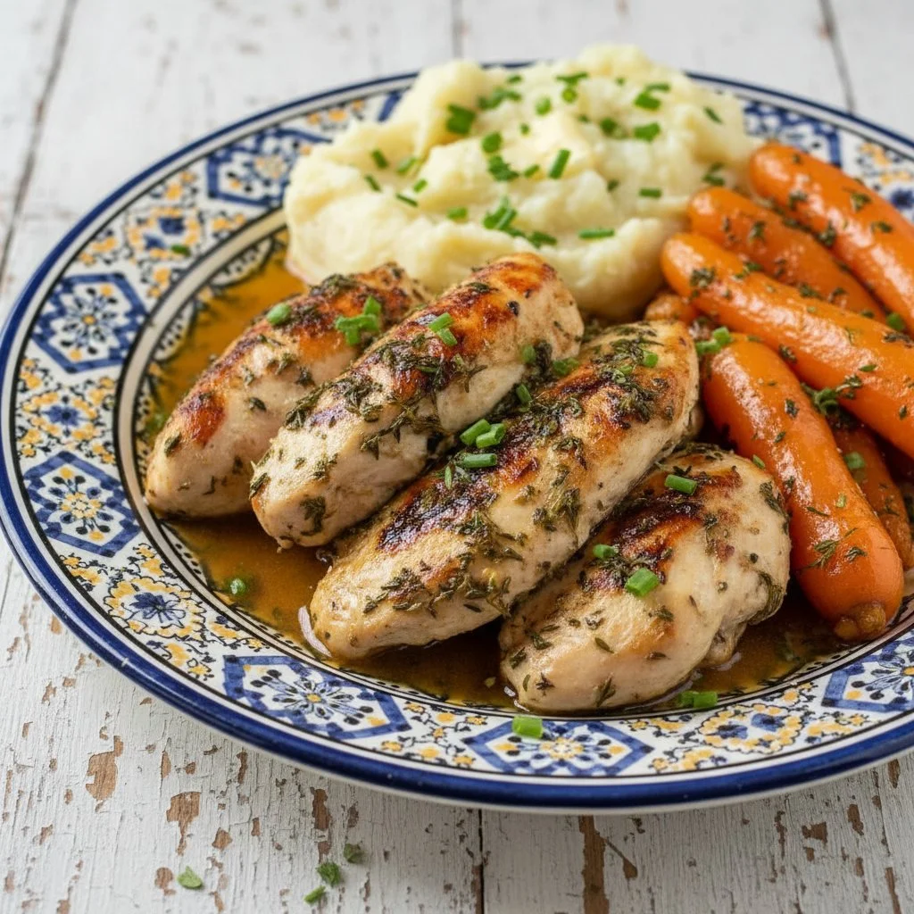 Delicious Garlic Herb Chicken with mashed potatoes and glazed carrots