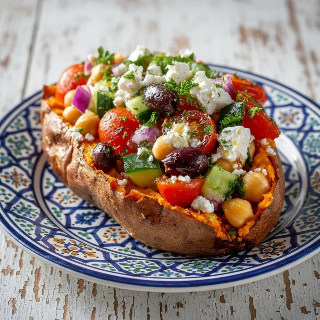 Mediterranean stuffed sweet potatoes topped with herbs and feta cheese