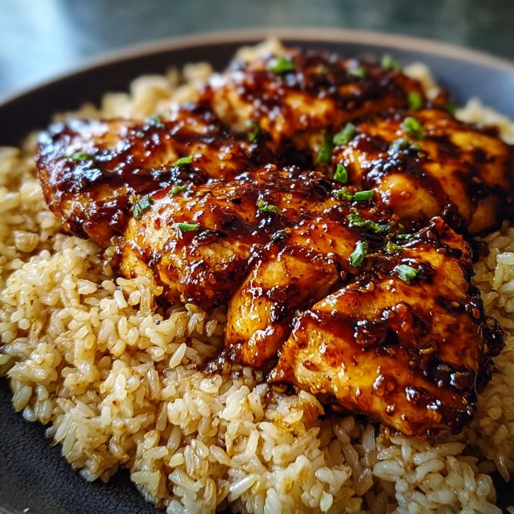 One-Pan Honey BBQ Chicken and Rice 3 One-Pan Honey BBQ Chicken served with rice for a quick, tasty meal.