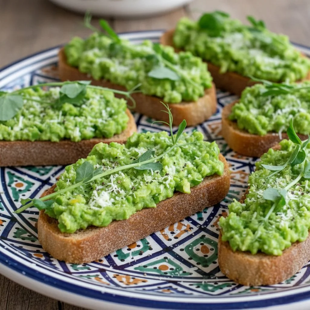 Pea Bruschetta 3 Delicious pea bruschetta topped with fresh herbs and served on toasted bread.