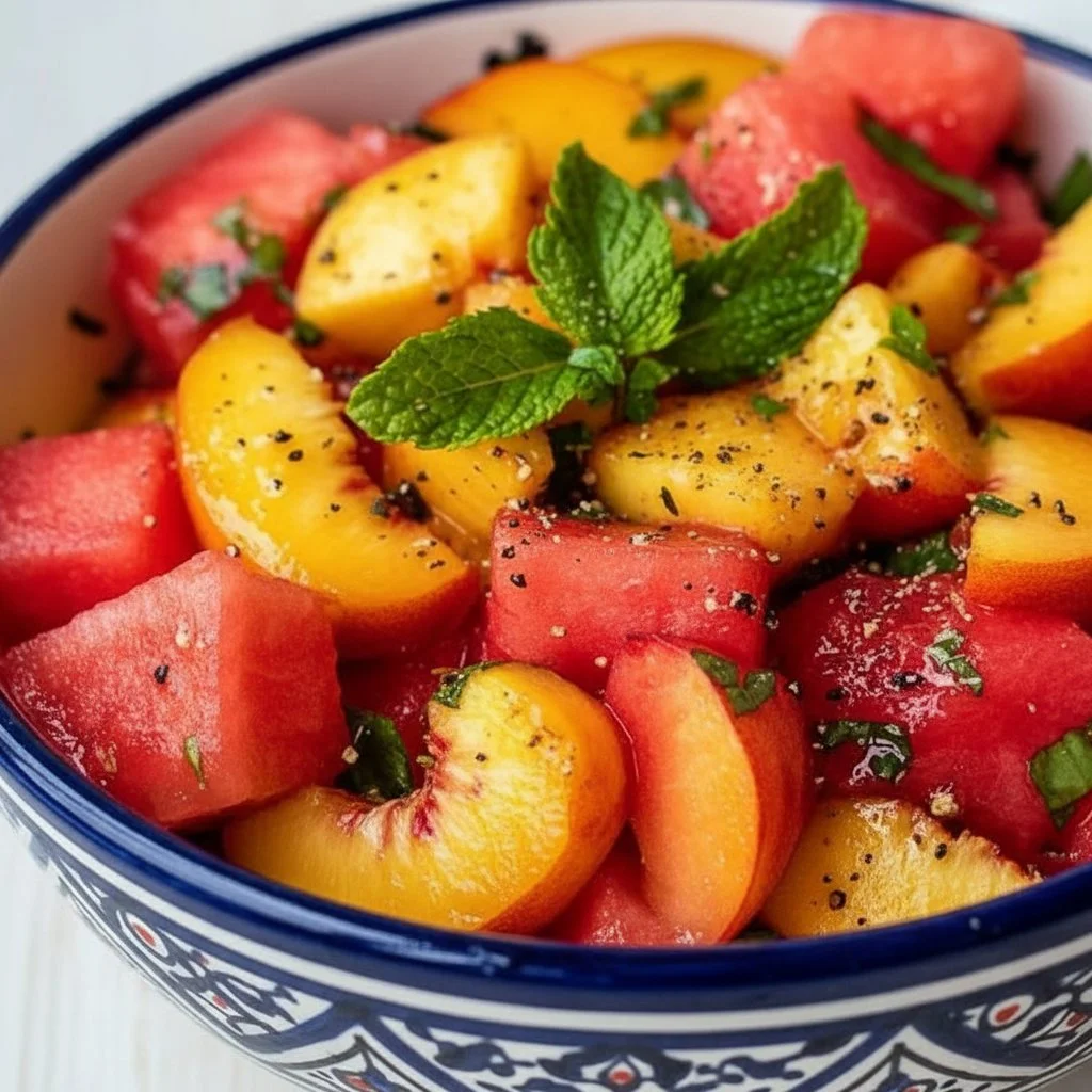 Peach and Watermelon Summer Salad 3 Delicious Peach and Watermelon Summer Salad with mint and feta