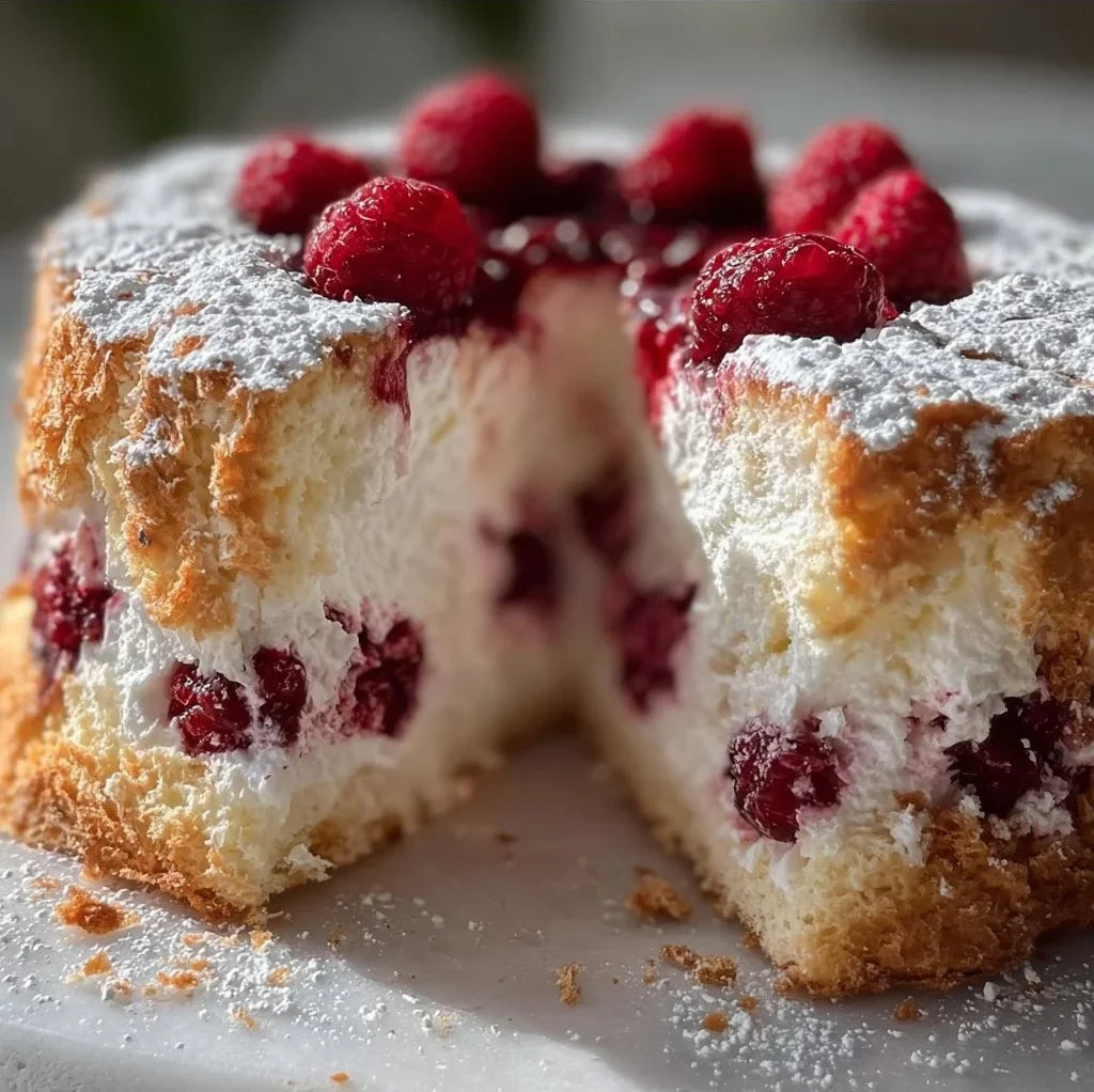 Delicious Raspberry Angel Food Cake topped with fresh raspberries and whipped cream.