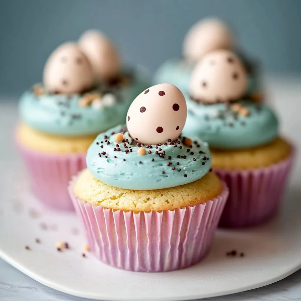 Robin's Egg Easter Cupcakes 3 Delicious Robin's Egg Easter Cupcakes decorated with pastel colors and candy eggs.