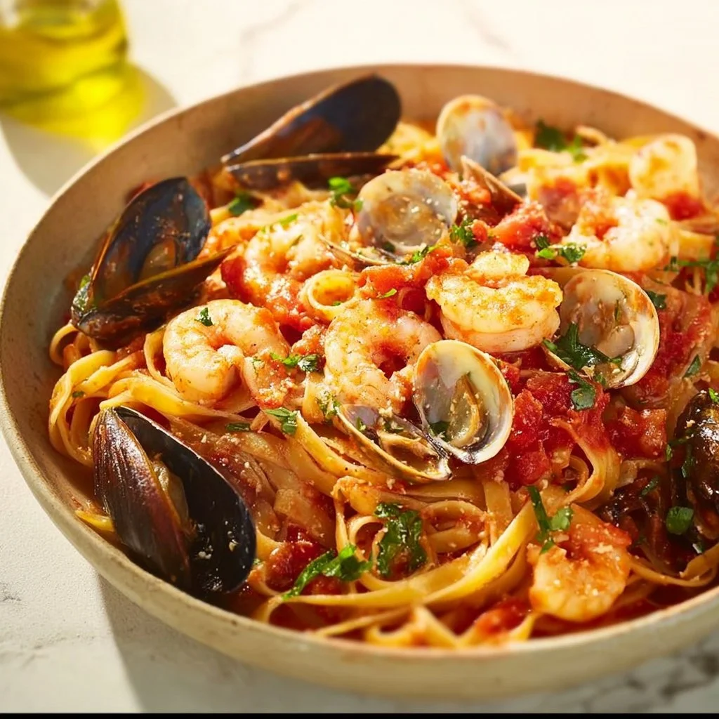 Delicious seafood pasta with shrimp, mussels, and a creamy sauce